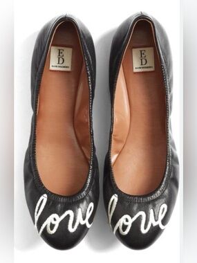 Ellen Degeneres Black Leather Ballet Flats with White "Love" Script